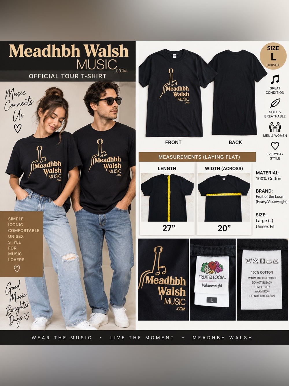 Fruit of the Loom Valueweight Meadhbh Walsh Music Black Graphic Tee Size L